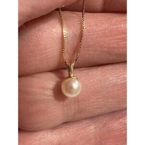 HMS 14k Gold & Genuine 5.75mm Pearl Pendant 16" Necklace
